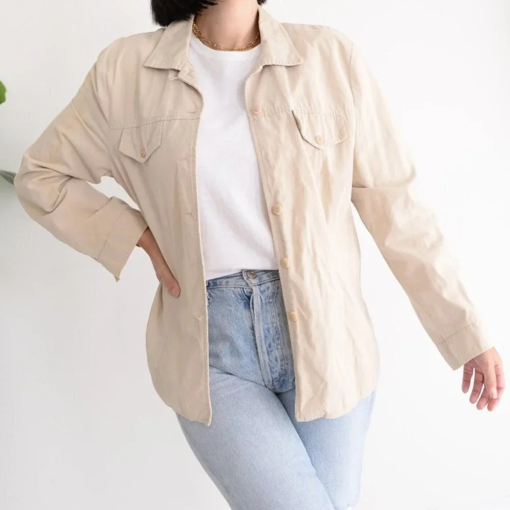 Vintage R&R 100% Cotton Cream Button Up Long Sleeve Basic dress Top Small